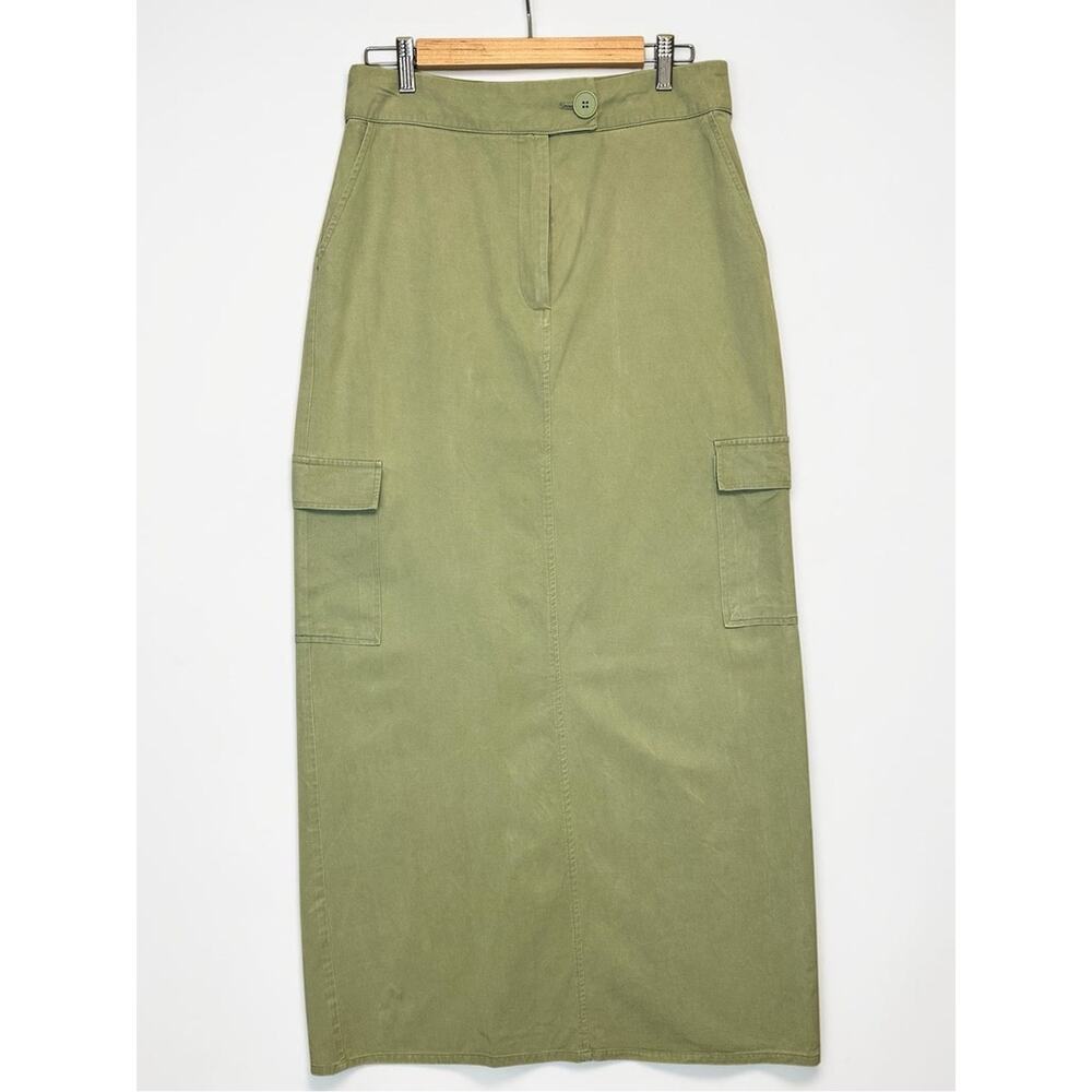 Nasty Gal Cargo Maxi Skirt Olive Green Twill High Waist Utility Size 10 - Picture 6 of 12